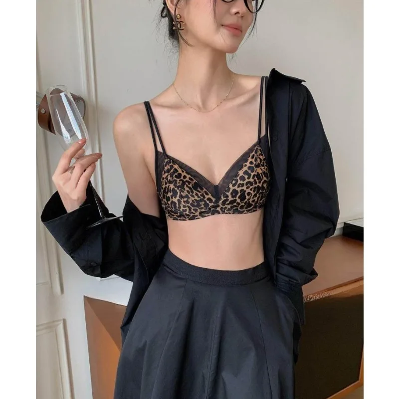 Retro Leopard Lingerie Set,Sexy Wire Free Triangle Bra,Summer Skin-Friendly Nude Feel,Small Breast Push Up,Nightwear Daily Wear