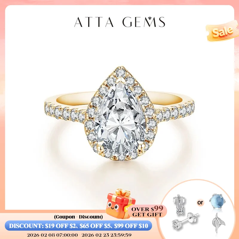 

ATTAGEMS Pear Cut 2.0CT D Color VVS1 Luxury Moissanite Ring Real 925 Sterling Silver for Women Engagement Wedding Jewelry Gift