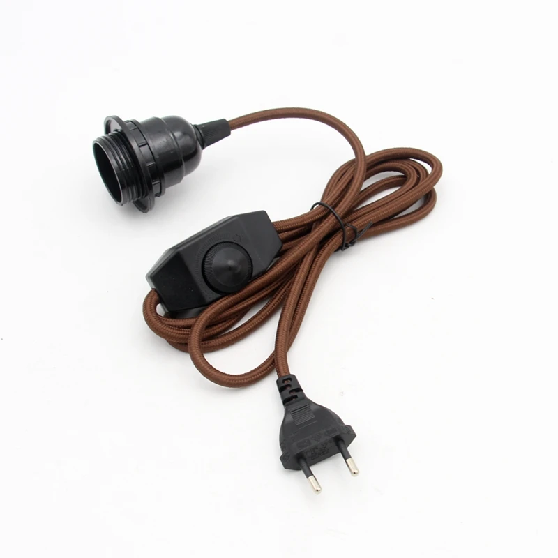 AC 220V EU Plug Power Cords Textile Covered Cable With Dimmer Switch E27 Threaded Bulb Lamp Holder Ring For Hanging Light