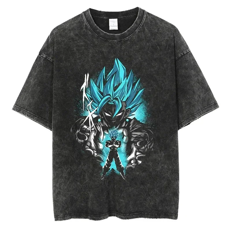 Dragon Ball 2025 Summer Anime T-Shirt Men Vintage Washed Cotton Short Sleeve Tops Graphic Tees Super Saiyan Blue Goku Vegeta