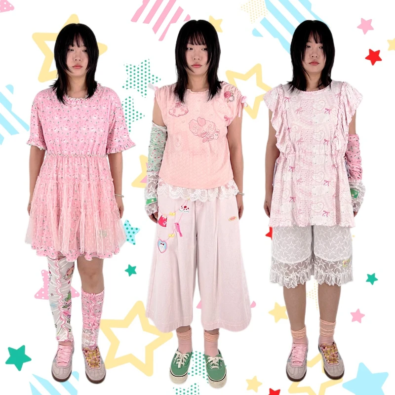 Japanese Style Cute Girl Print Ice Silk Cotton Lace Hosiery Spring Autumn New Sweet Versatile Slouch Socks Leg Warmers Ladies