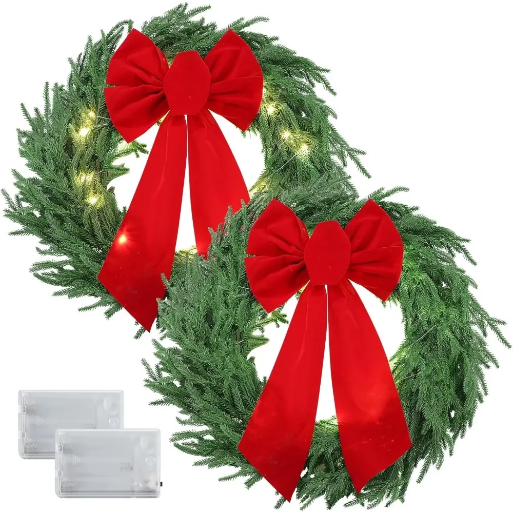 2 Pack 20 Inch Light Up Norfolk Pine Wreaths with Red Bows | Artificial Real Touch Green Pine Christmas Decor