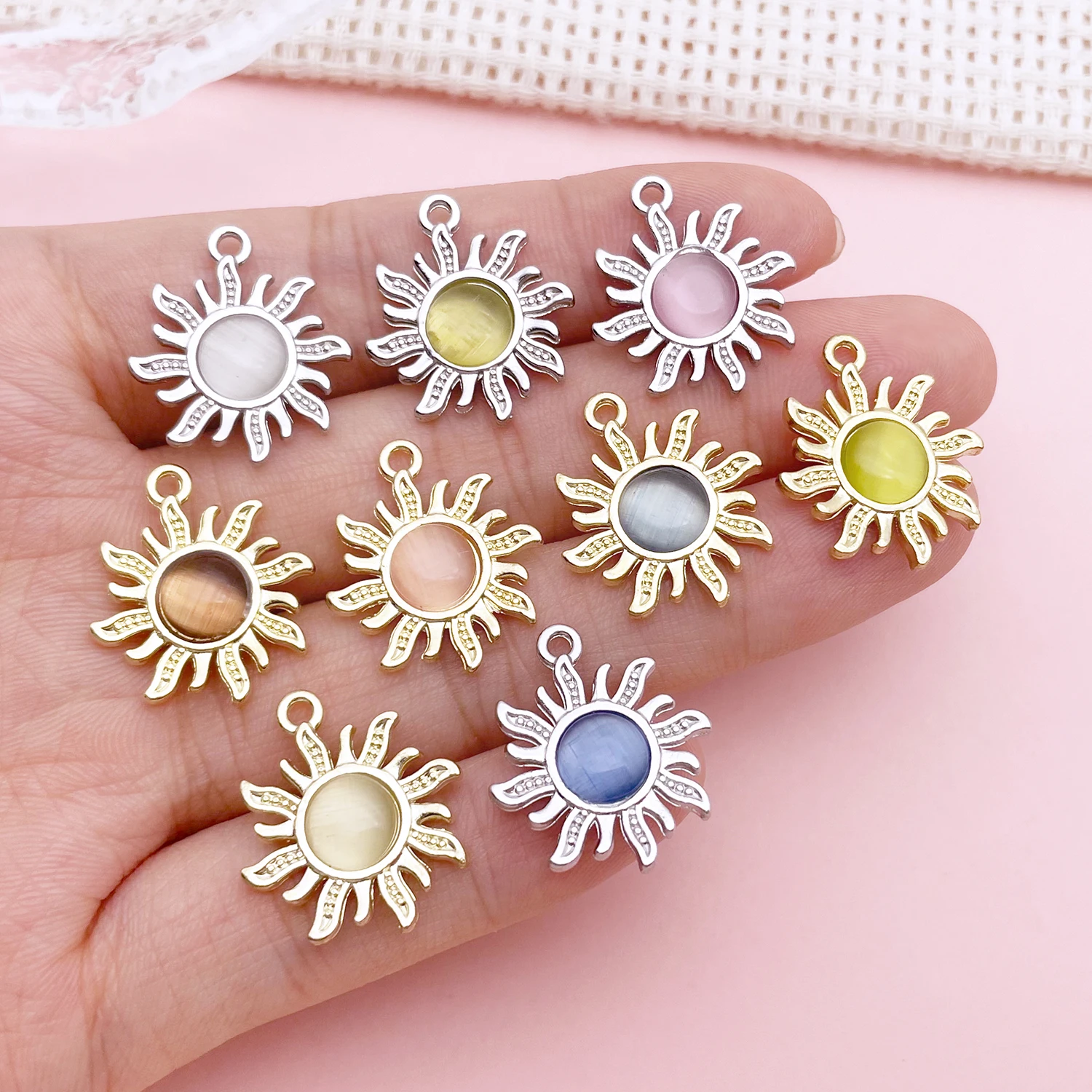 2pcs/10pcs Alloy Colored Cat Eye Stone Sun Pendant Jewelry Making DIY Earrings Charms for Jewelry Bracelets Necklace