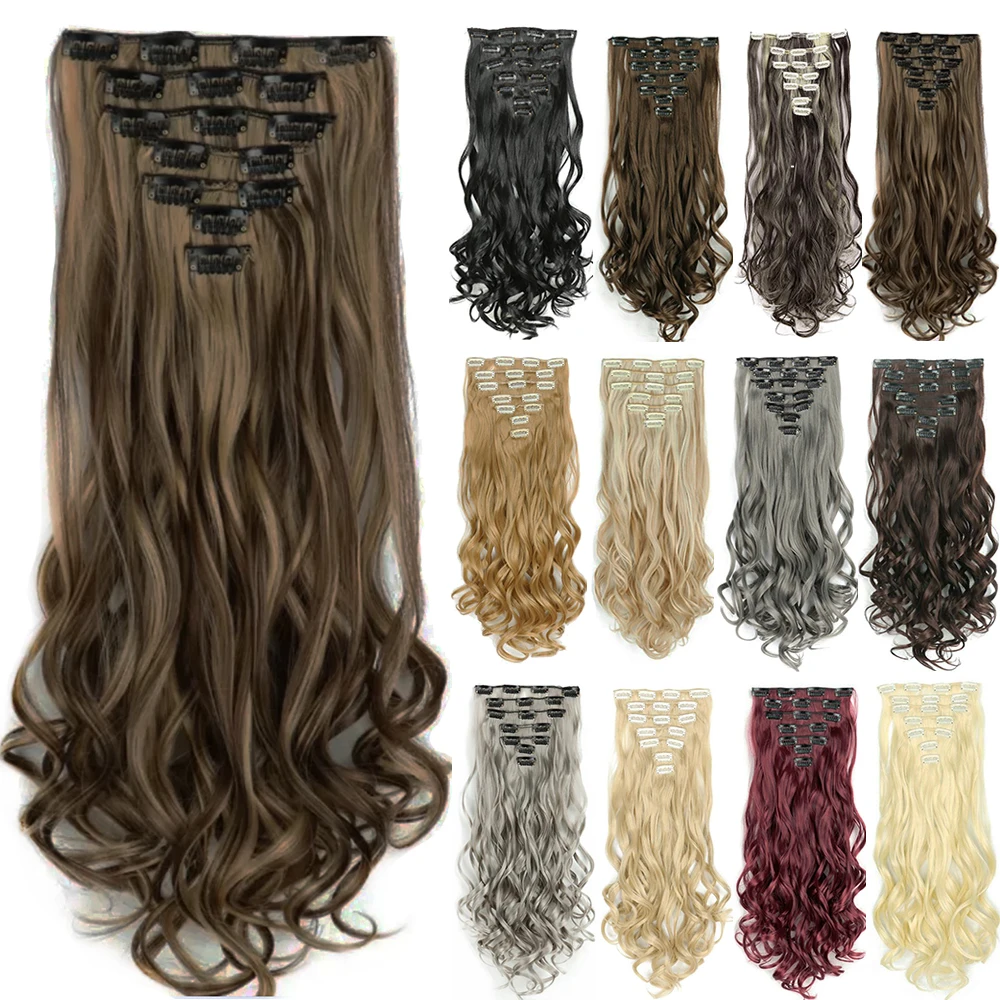 Soowee Curly Synthetic Hair Brown Clip in Hair Extensions Full Head Hair Pieces for Women Postiche Fake Natural Hair