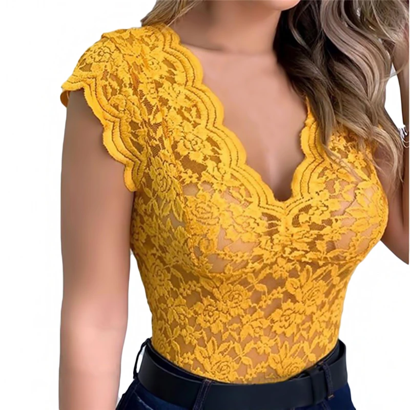 Camiseta Sexy de encaje con cuello en V profundo para mujer, camiseta elegante de manga corta, Tops de flores de encaje para mujer