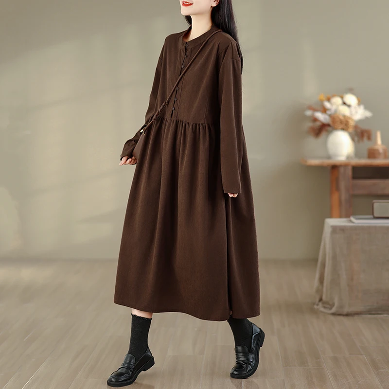 Lente Katoen Fluweel Lang Dr Herfst Winter Warm f Knop rond Ne Long Sve Kleur Midi Dr Pendelen Sle