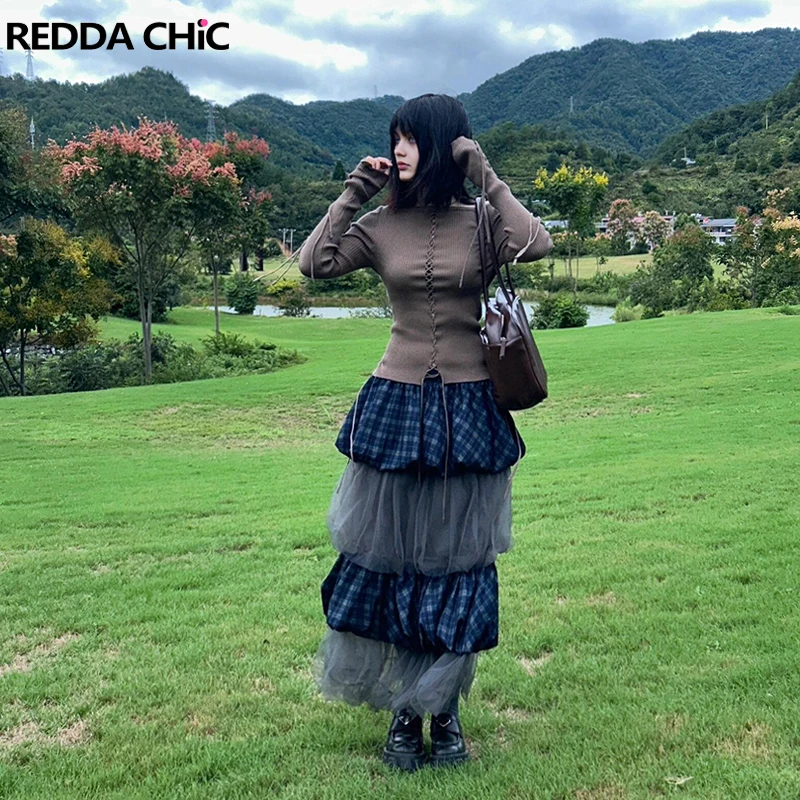 

REDDACHiC Checkered Tulle Layered Cake Skirt Women Plaid Puffy Ruffle Elastic Waist Long Bubble Skirt Holiday Vintage Clothes