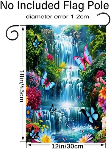 Garden Waterfall Tree Floral Plant Butterfly Scenic Spring Summer, 12x18 Inch RRI