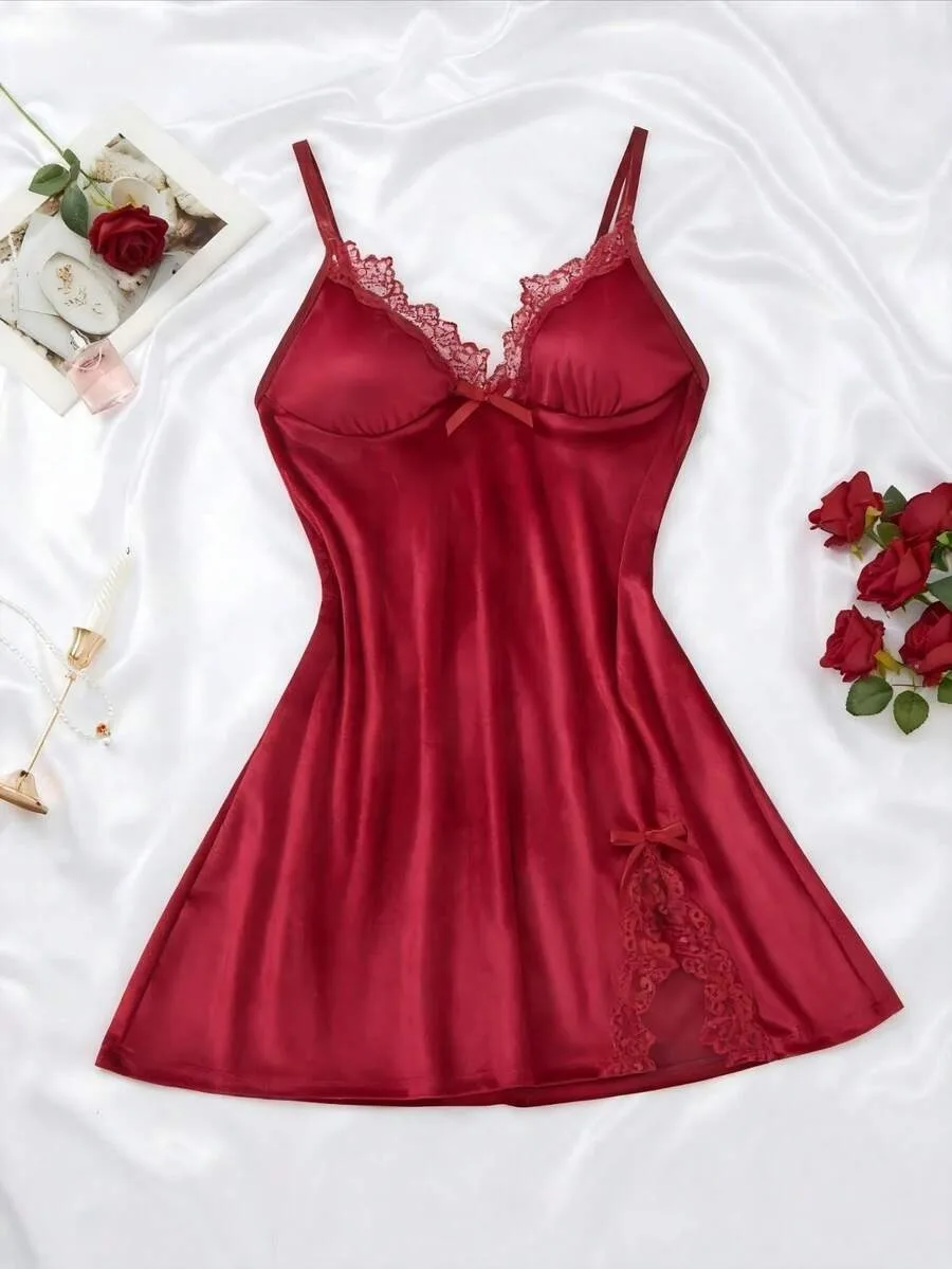Korean Style Diamond Velvet Slip Dress Women, Deep V Lace Trim Bow Nightgown With Side Slit, Sexy 2-Wear Sleep Lingerie