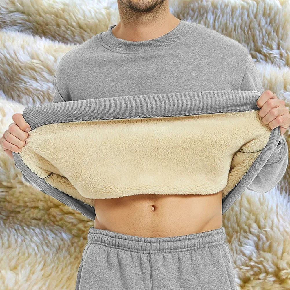 Winter-Herren-Warmfleece-gefüttertes Langarm-T-Shirt Dickes O-Neck Einfarbiges Basic-Pullover-Sweatshirt Thermounterwäsche Oberteil für Männer – Detail 9