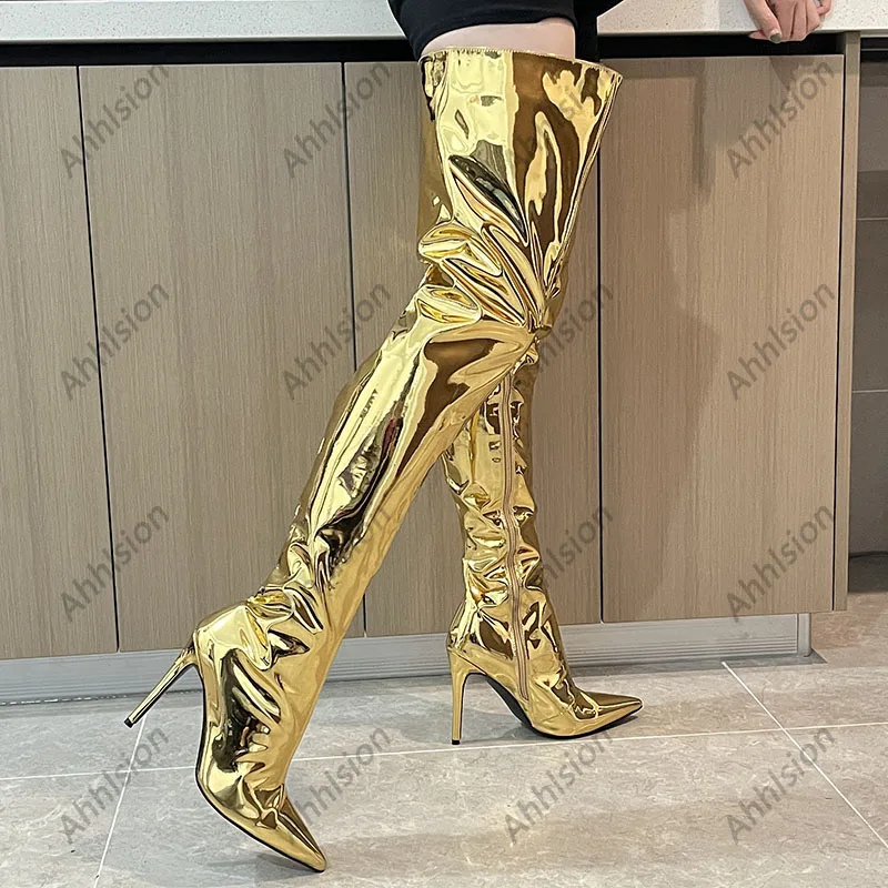 Ahhlsion New Fashion Women Winter Thigh Boots Stiletto Heels Pointed Toe Gold Silver Cosplay Shoes Ladies US Plus Size 5-15