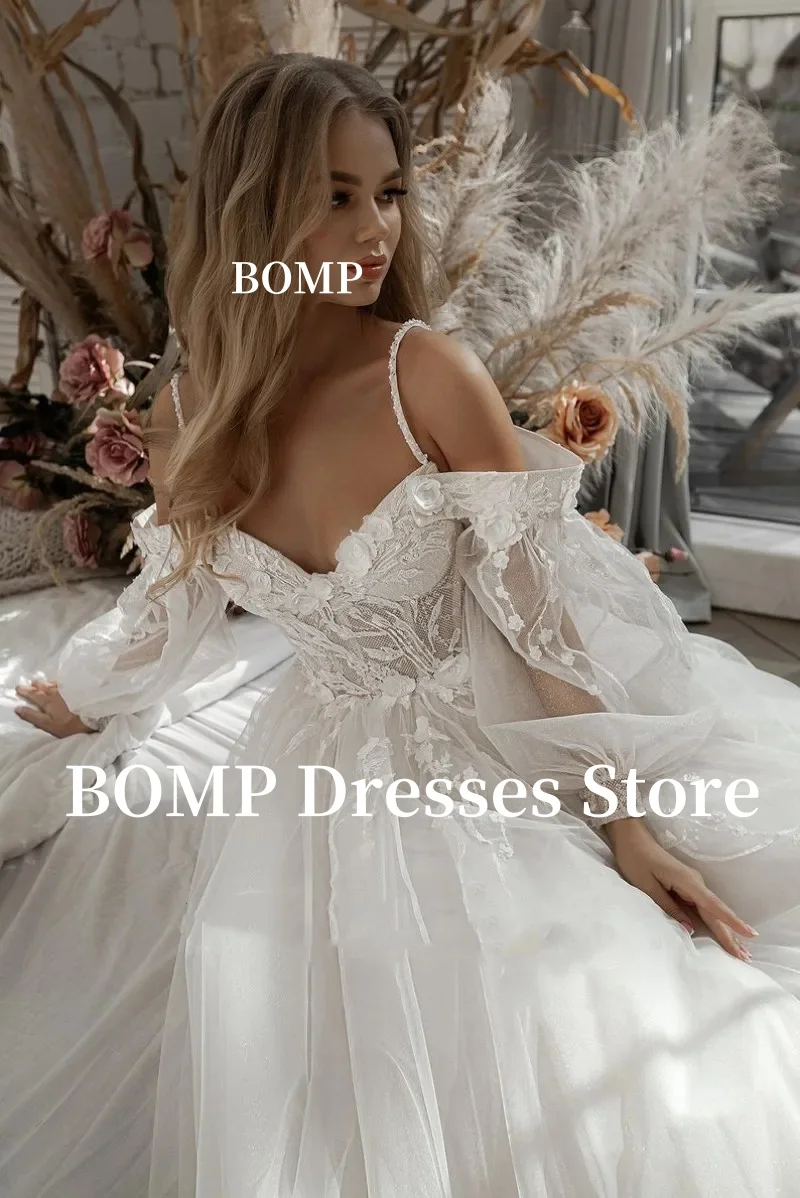 BOMP 웨딩 드레스 퍼프 슬리브 아플리케 레이스 3D 꽃 오프 어깨 Tulle 신부 가운 Customized vestidosdenovia
