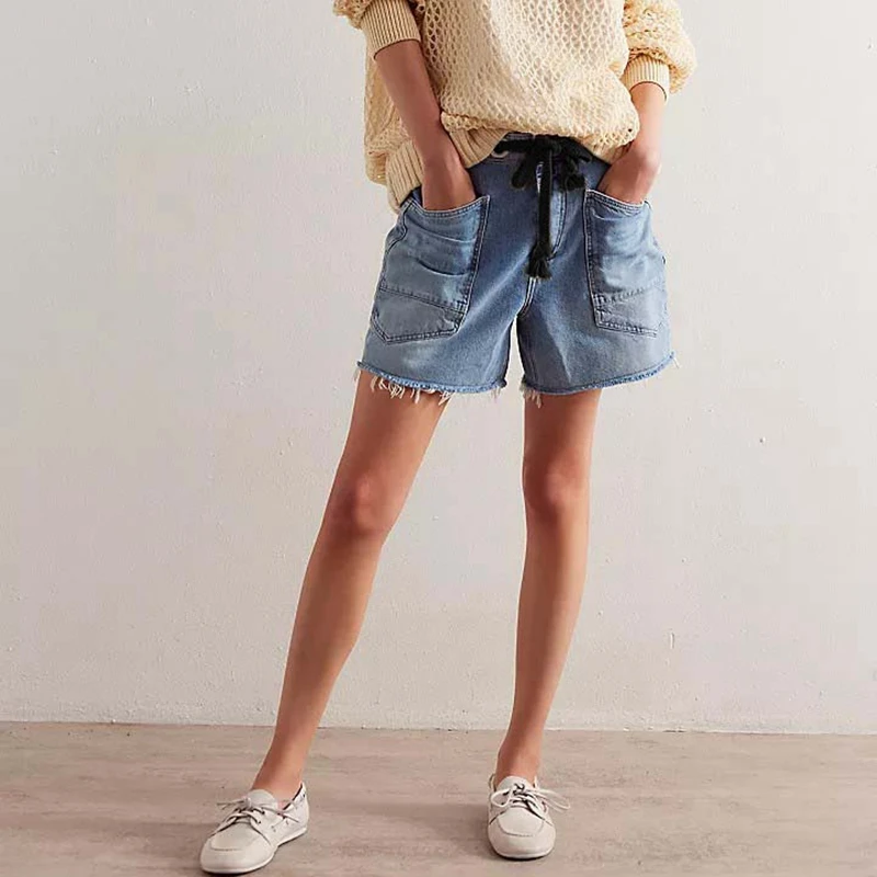 

Женские джинсовые шорты Y2K в стиле ретро, винтажные джинсовые шорты с высокой талией и необработанной отделкой, широкие джинсовые шорты с карманами, летняя уличная одежда