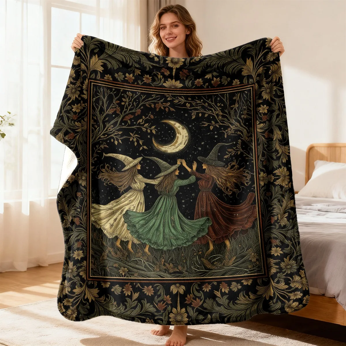 Vintage Witch Throw Blanket Dancing Witches Night Moon Floral Print Soft Flannel for Kids Room Sofa Lap Mystical Decor Gift