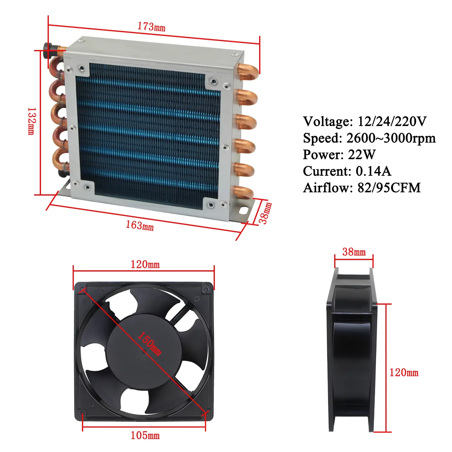 Small shell condenser radiator refrigerator  water-cooled aluminum fin and copper tube heat exchanger with fan173*132*38MM+120MM