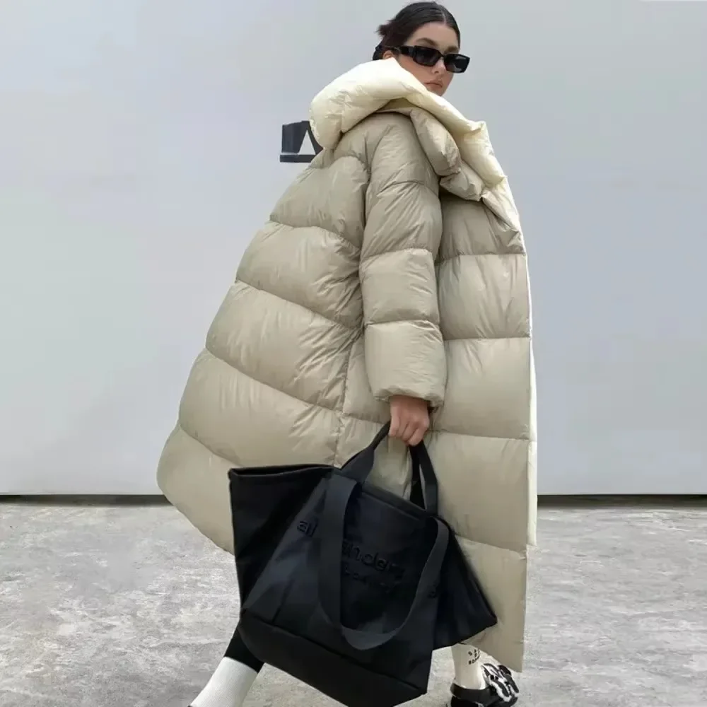 Fluffy White Duck Down Jacket Women Winter Thickness Warm Long Puffer Coat Hooded Female Fashion Fake Two-piece Parkas