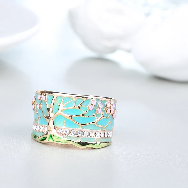 Milangirl Lucky Flower Tree Rings Fashion Pink Opal Green Enamel Wide Ring For woman Party Crystal Vintage Jewelry