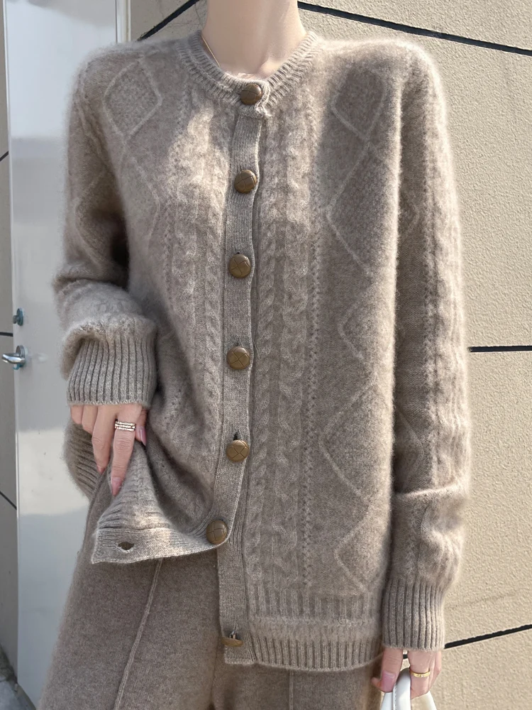 Autumn Winter 100% Merino Wool Cardigan Women's Cable Knitwear Sweater Buttoned O Neck Thick Cashmere Clothing Soft Warm Top
