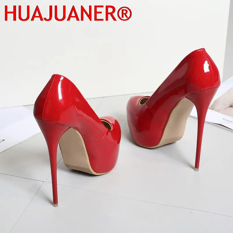 Zapatos de boda rojos de charol talla grande 35-47 2025, zapatos de tacón súper alto con punta redonda para mujer, zapatos de tacón sexis con plataforma para fiesta de 16cm para mujer