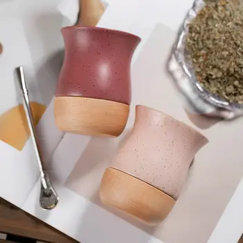 Kreativní retro dřevěný hrnek z hrubé hlíny na maté 250ml keramický hrnek na čaj Yerba Maté s dřevěnou základnou (bez brčka) 8 nejlepší prodej Pohár Yerba Maté - №8