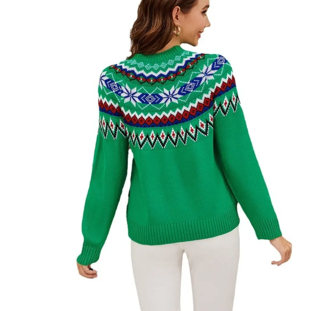 

Women's Retro Contrast Jacquard Pullover Sweater Long-Sleeved Casual Christmas Style European And American Lazy Fashion