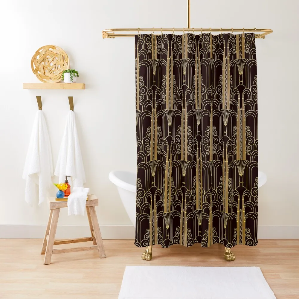

Glamorous Gold-Color Art Deco Pattern Shower Curtain Shower For Bathroom Set Toilet Accessories Bathroom Bathtub Curtain