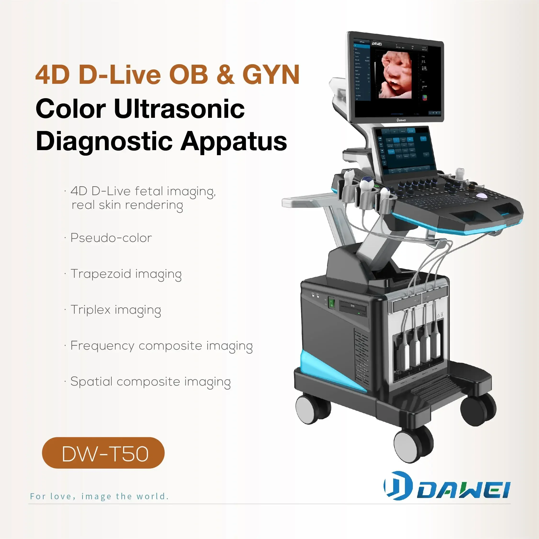 DW-T50 high end ultrasound machine cart based 4D color Doppler system