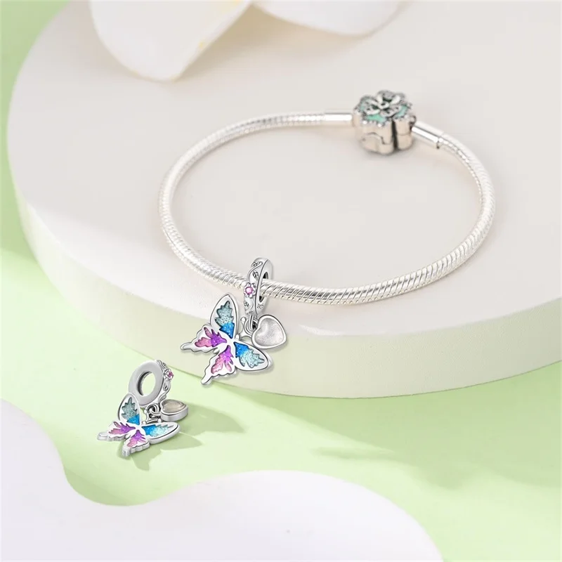 New 100% 925 Sterling Silver Nightglow Butterfly Heart-Shaped Gem Charms Bead Fit Qikaola Original Bracelet DIY Birthday Jewelry