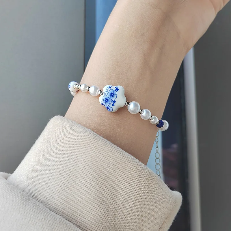 Chinese Style Pearl Bracelet For women\'s Elegant Blue And White Porcelain Bracelet Accessories Design Bracelet Jewelry wholesale