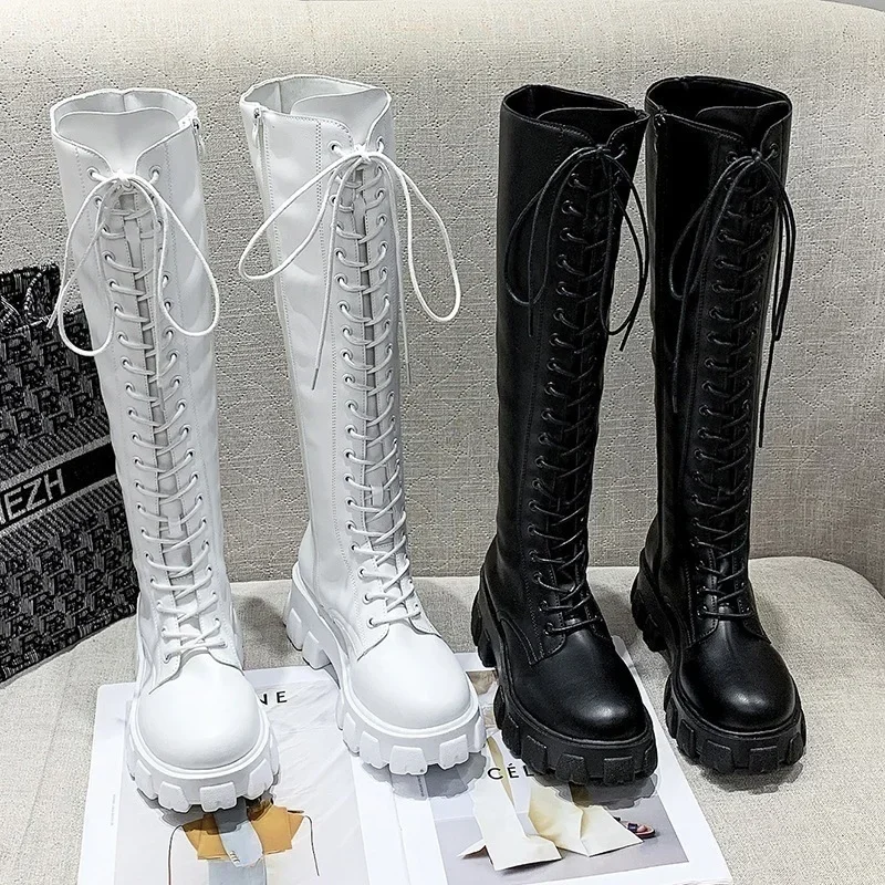 Women\'s Long High Boots White PU Leather Knee High Boots Female Fashion Lace Up Platform Botas Mujer thigh high boots size 43