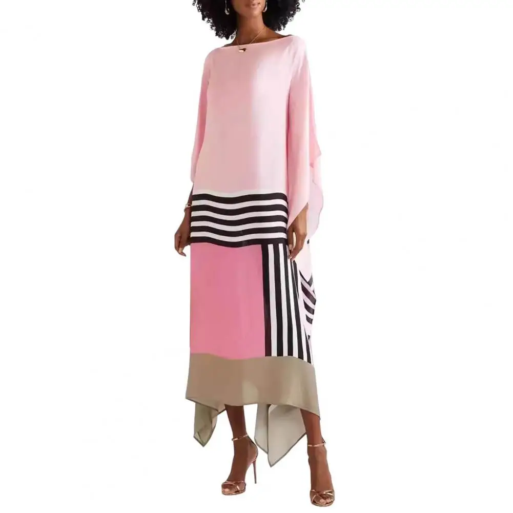 Lady Dating Dress Elegant Striped Maxi Dress with Boat Neck Irregular Hem Women's Long Sleeve Color Matching Prom for Commute