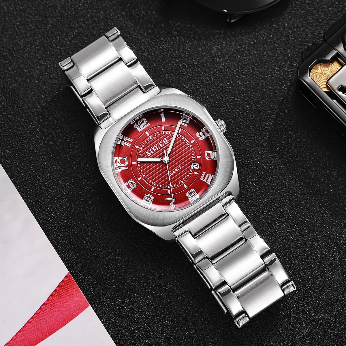 Men's Quartz Watch 3D Arabic Numeral Dial Cushion Case Metal Link Bracelet Casual Sport Wristwatch Gift