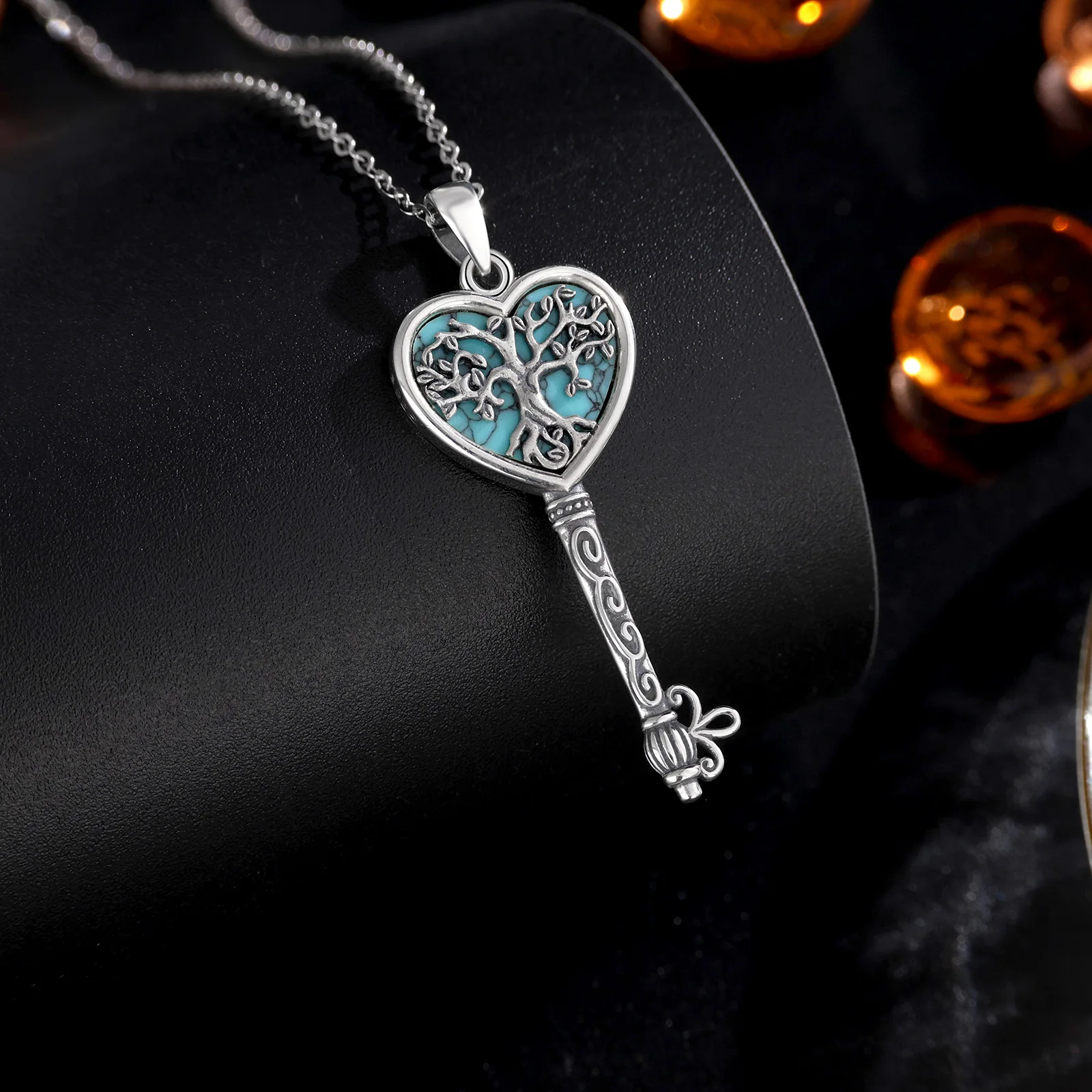 AEONSLOVE 925 Sterling Silver Tree of Life Turquoise Necklace Women Yggdrasil Heart Key Pendant Spiritual Jewelry Witch Amulet