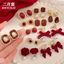 2024 New Classic Women's Red Geometry Ear Clip with No Ear Holes Unique High End Pearl Earrings Retro Style Ear Accessories