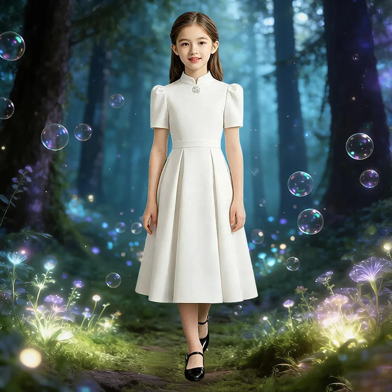 2026 Children Girls SimpleSatin Birthday Princess Gown Host Piano Performance Pageant Clothes Formal Dress Chinese Style White