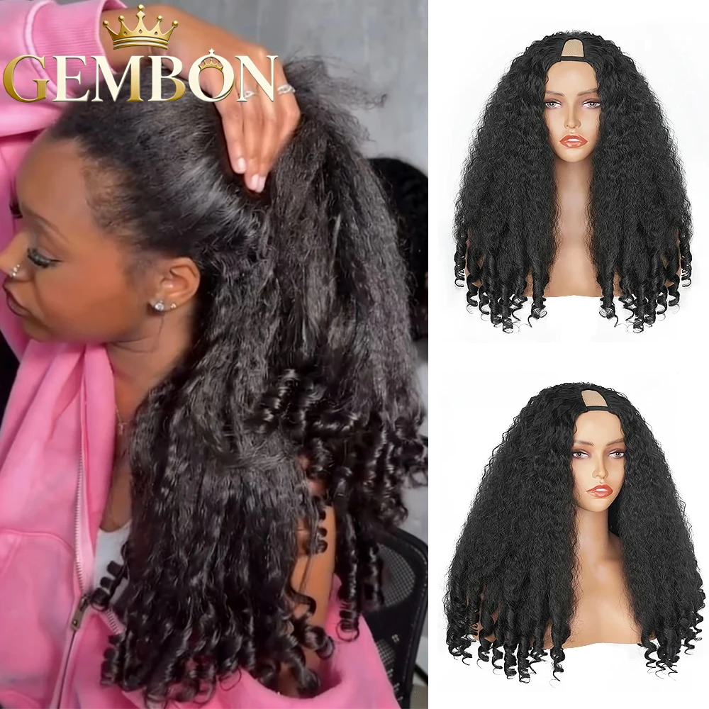 

Kinky Straight V Part Wig Synthetic Wig Fluffy Burmese Curly Afro Yaki Straight V Wigs With Bounscy Curly WIth Spiral Curly End