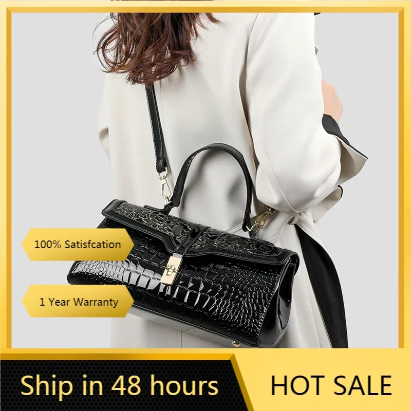 Bolso de piel auténtica con patrón de cocodrilo para mujer, bolso de mano de marca de moda, bolso de hombro para mamá, bolso de mensajero portátil Boston