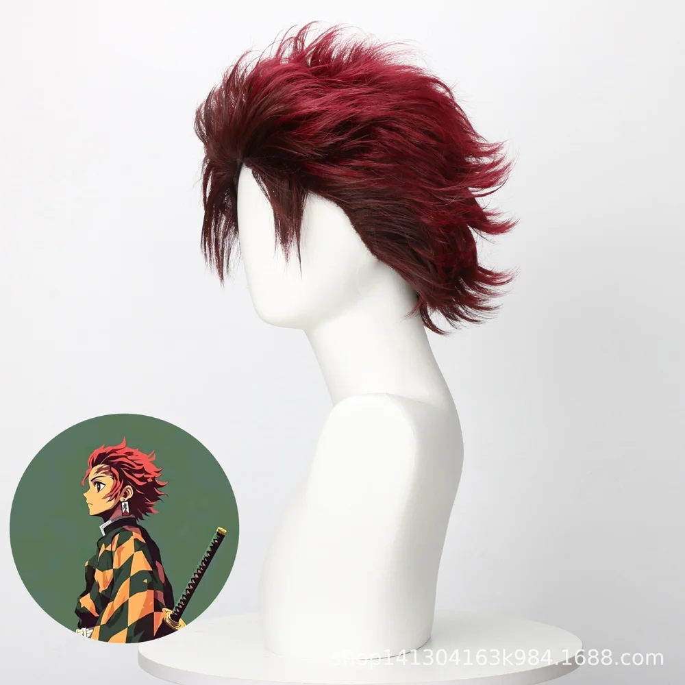 Anime Tanjirou Cosplay Wig Dark Red Short Hair Tanjirou Tattoo Sticker Earrings Men Halloween Carnival Party Role Play Props