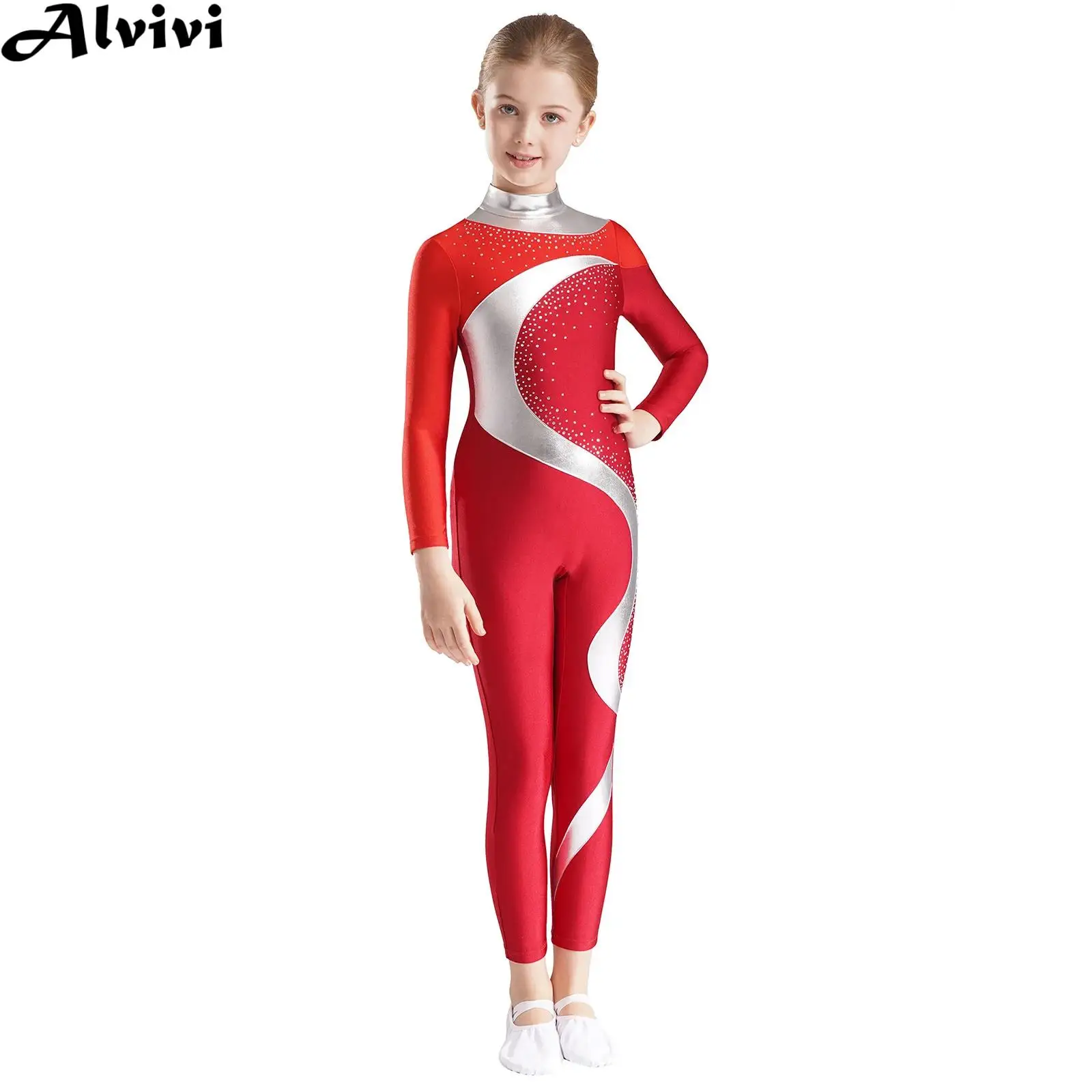 

Girls Figure Skating Ballet Dance Gymnastics Acrobatics Yoga Jumpsuit Long Sleeve Rhinestones Bodysuit for Stage Performance