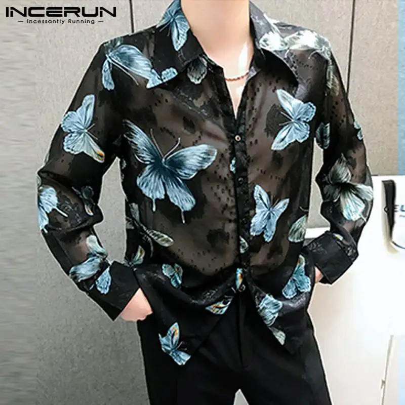 Incerun Heren Shirt Bedrukt Transparante Revers Lange Mouw Losse Heren Kleding Streetwear 2024 Sexy Mode Casual Shirts S-5XL