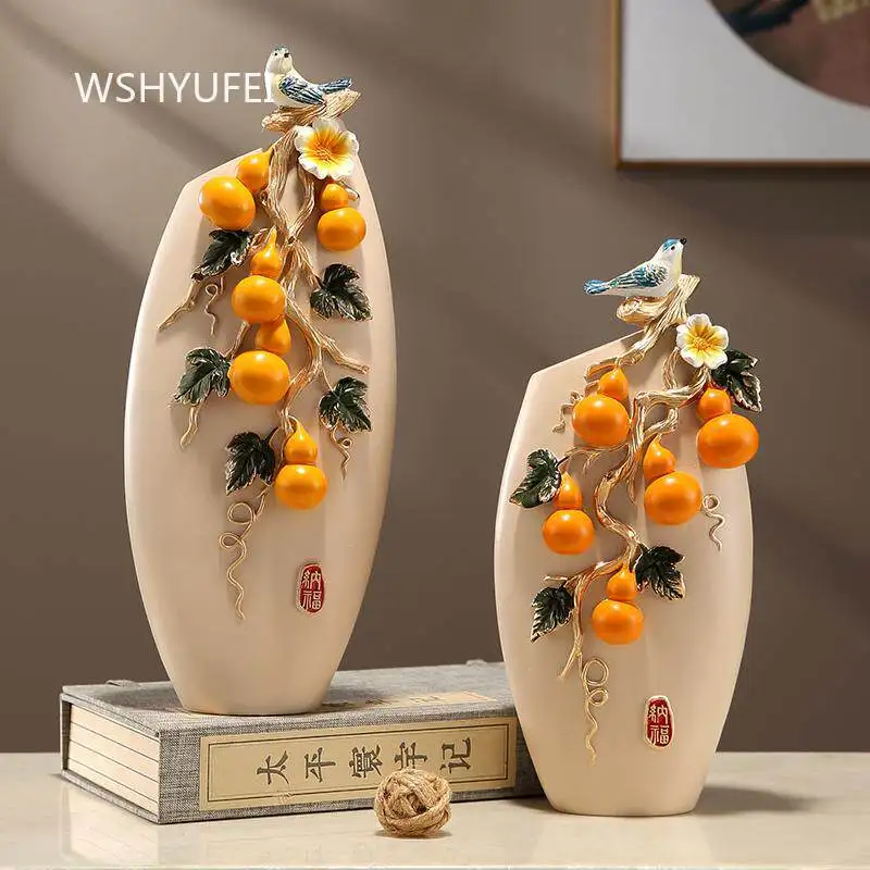 1pc Chinese Persimmon Vase Figurine with Bird and Ruyi Design Resin Floating Painting Ornament for Home Decor and Good Fortune