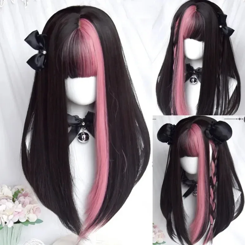 Lolita Cosplay Wig Highlights Hair Synthetic Long Straight Wig Cute Girl Anime Coser High Quality Heat Resistant Fiber Wig Party