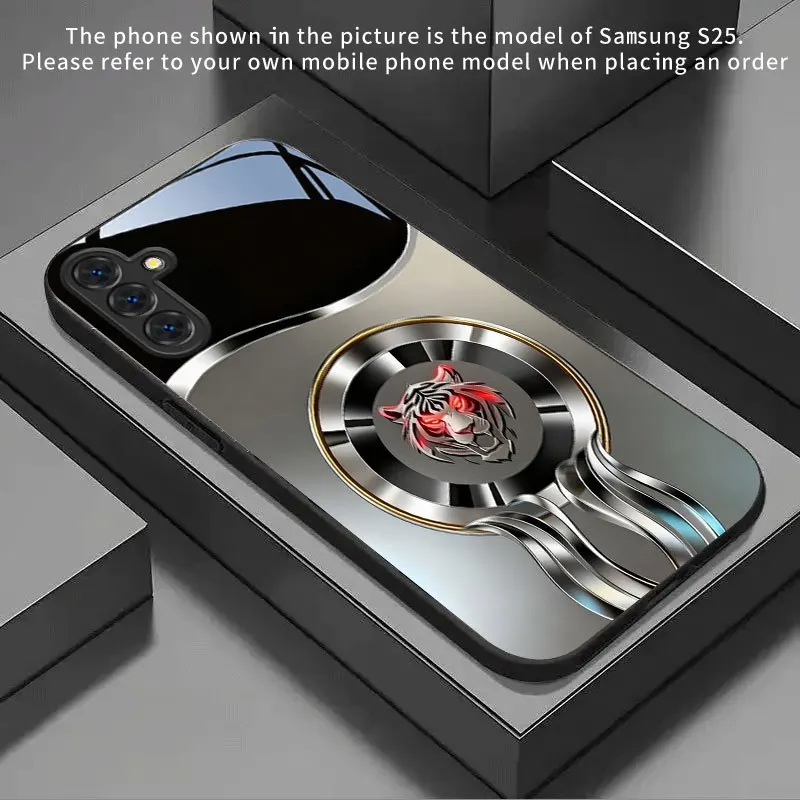 Gold circle red eye tiger logo pattern glass phone case suitable for Samsung Galaxy S26 S25 S24 S22 S21 S20 FE/Ultra/Plus