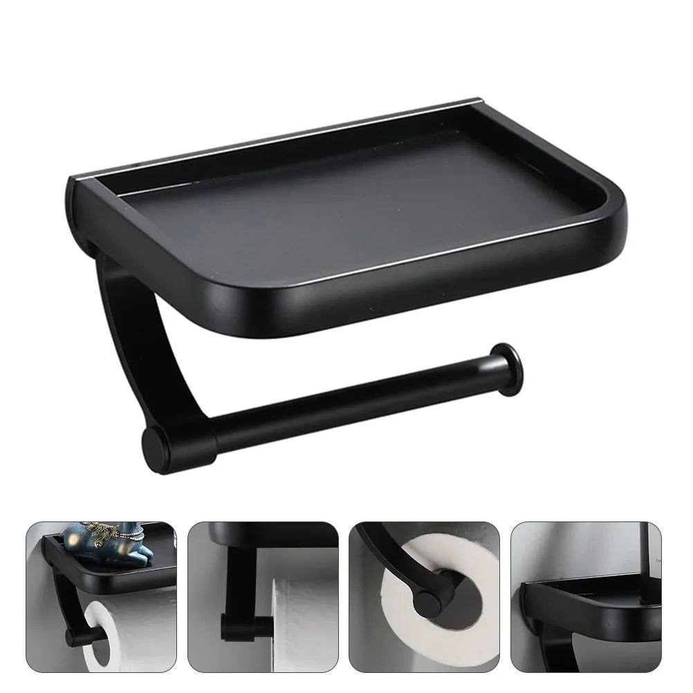 

1Pcs Space Aluminum Multi-Function Roll Paper Holder Wall-Mounted Toilet Paper Stand Bathroom Phone Rack Sturdy Tissue Storage