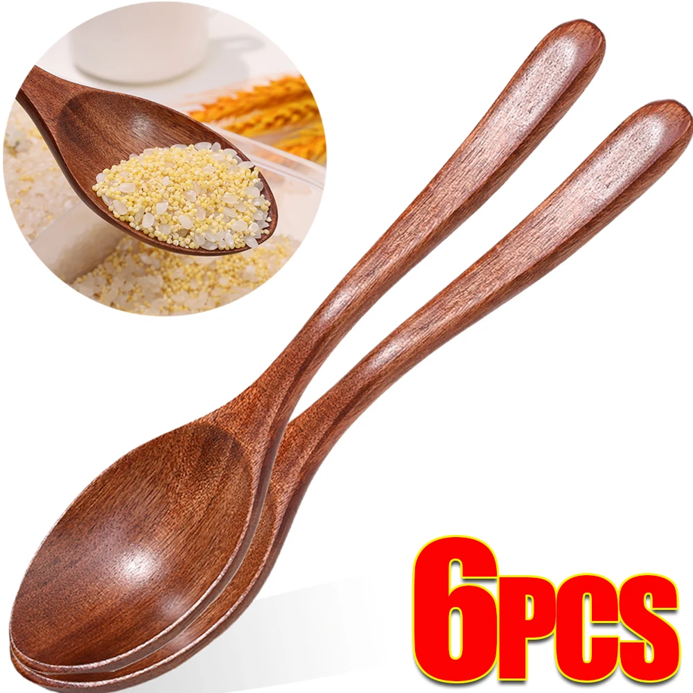 1/6PCS Wooden Spoons Long Handle Mixing Stirring Cooking Natural Wood Soup Rice Spoon Kitchen Reusable Utensil Cooking Supplies