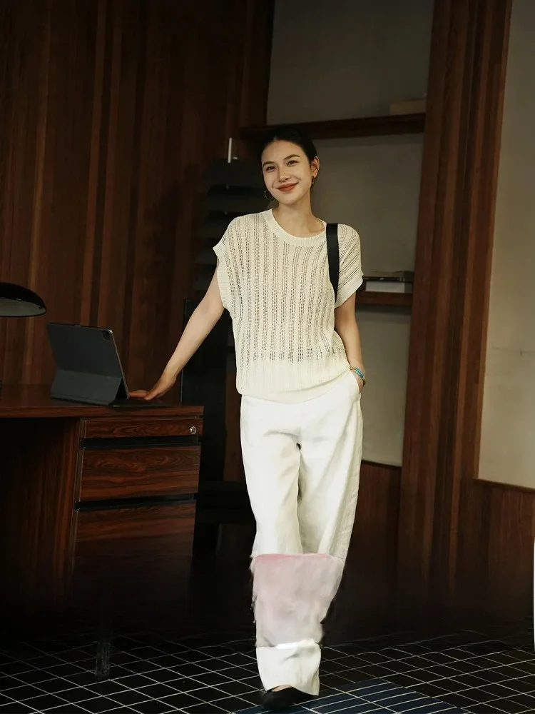 

Жилет LUMIEN из льняной трикотажной ткани с круглым вырезом и ажурной вязкой, женский летний новый, легкий, универсальный топ-накидка