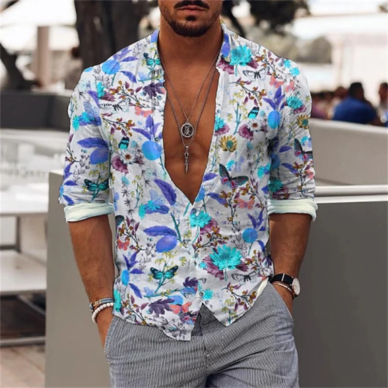 Men's fresh floral butterfly 3D printed long sleeved shirt, Hawaiian beach vacation lapel button cardigan top