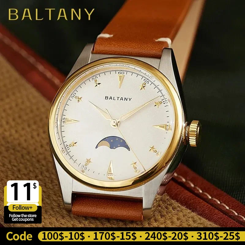 Baltany 36 mm Dress Watches Herren S4042 Saphirglas Edelstahl ​ 10 Bar wasserdichte Vintage Quarz Mondphasen-Armbanduhren