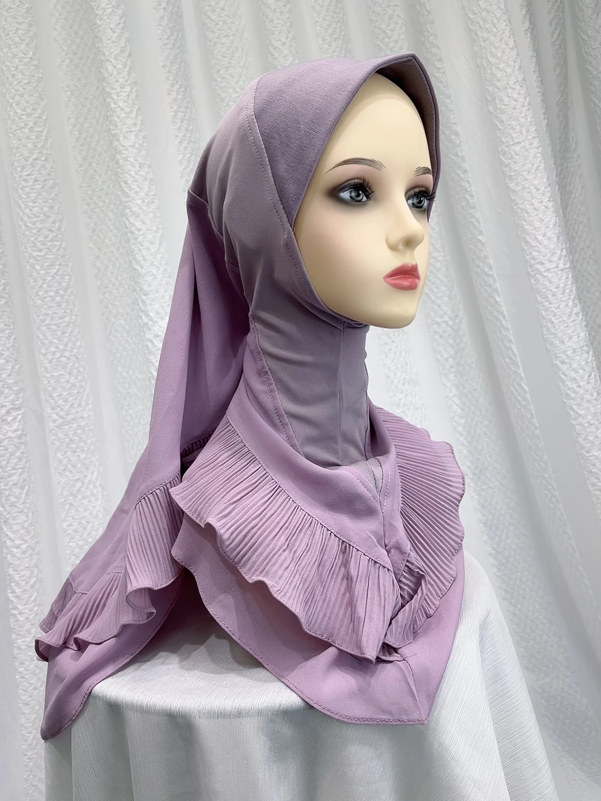 Malay Pullover Turban Solid Color Crystal Linen Scarf Chiffon Lace Women\'s Hijab Single Layer Ruffled Middle Eastern Hat