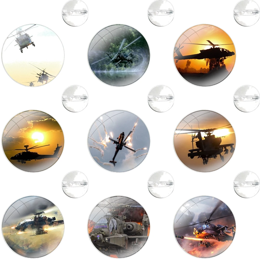 Apache Helicopters at sunset fighter US Glass Dome Brooches Badge Pins For Clothes Hat Shirt Lapel Bag